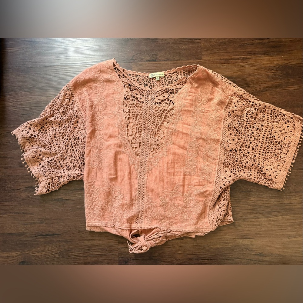 Democracy Embroidered Crocheted Lace Top Oversized XS